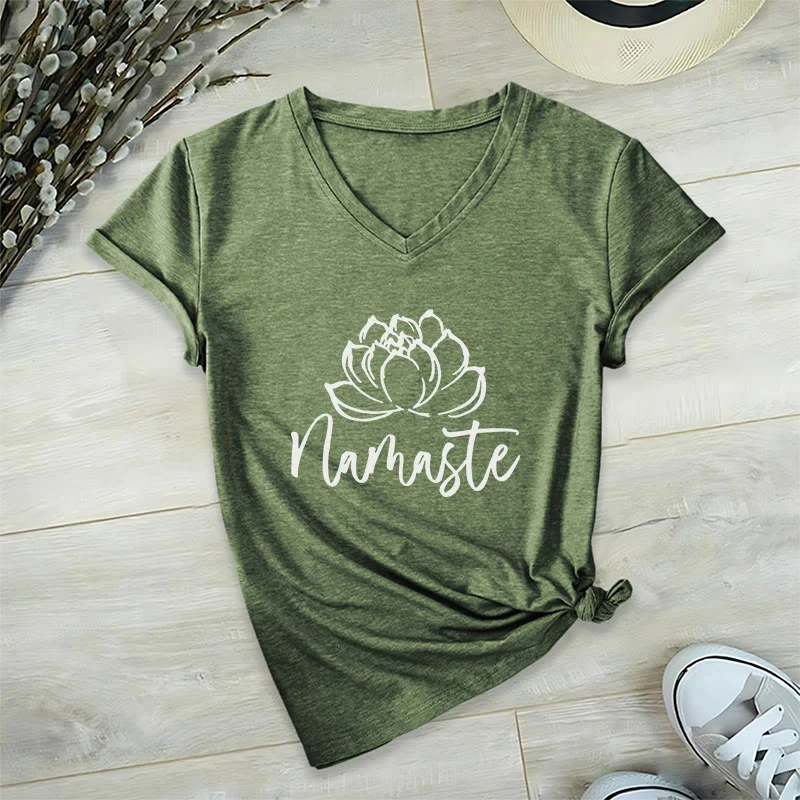 Olivenorma Lotus Yoga Meditation Namaste T-Shirt mit V-Ausschnitt