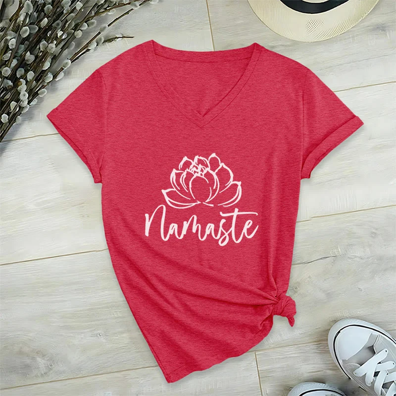 Olivenorma Lotus Yoga Meditation Namaste T-Shirt mit V-Ausschnitt