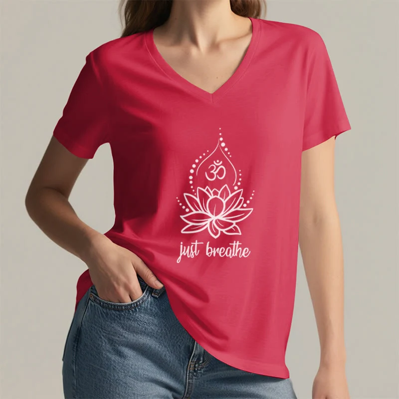 Olivenorma „Just Breathe“ Yoga-Meditations-T-Shirt mit V-Ausschnitt