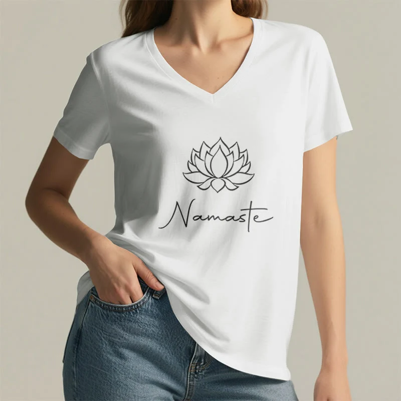 Olivenorma Minimalistisches Yoga Namaste T-Shirt mit V-Ausschnitt