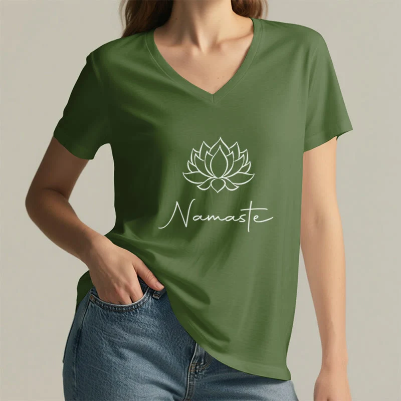 Olivenorma Minimalistisches Yoga Namaste T-Shirt mit V-Ausschnitt