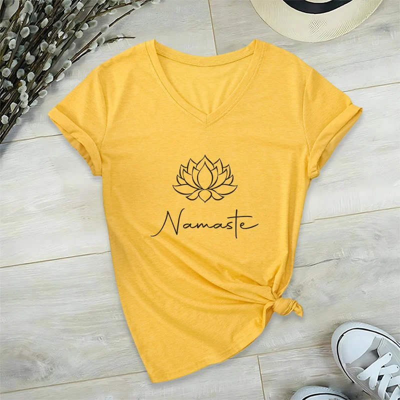 Olivenorma Minimalistisches Yoga Namaste T-Shirt mit V-Ausschnitt