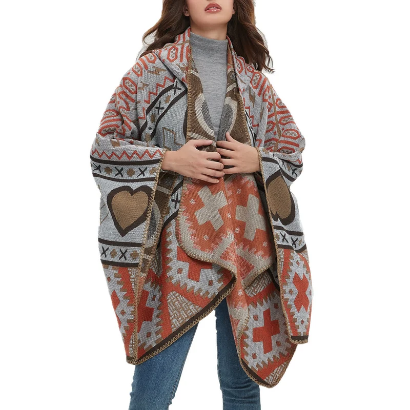 Olivenorma Boho Geometrischer Schal-Cardigan mit Kapuze