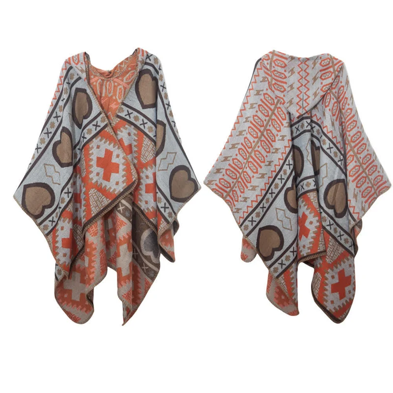Olivenorma Boho Geometrischer Schal-Cardigan mit Kapuze