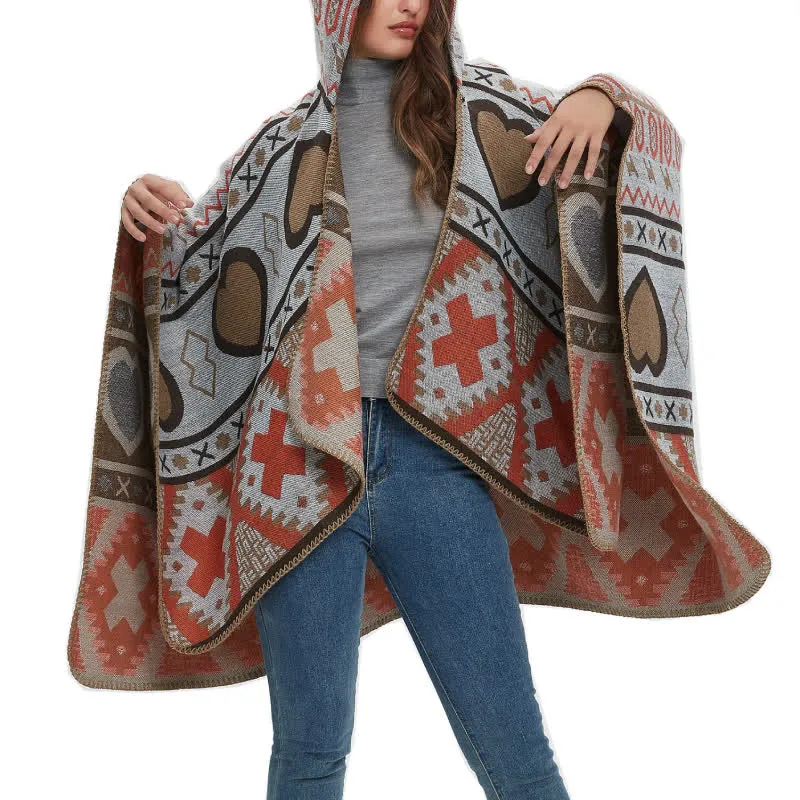 Olivenorma Boho Geometrischer Schal-Cardigan mit Kapuze