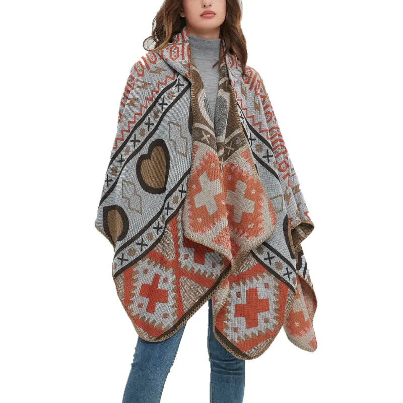 Olivenorma Boho Geometrischer Schal-Cardigan mit Kapuze