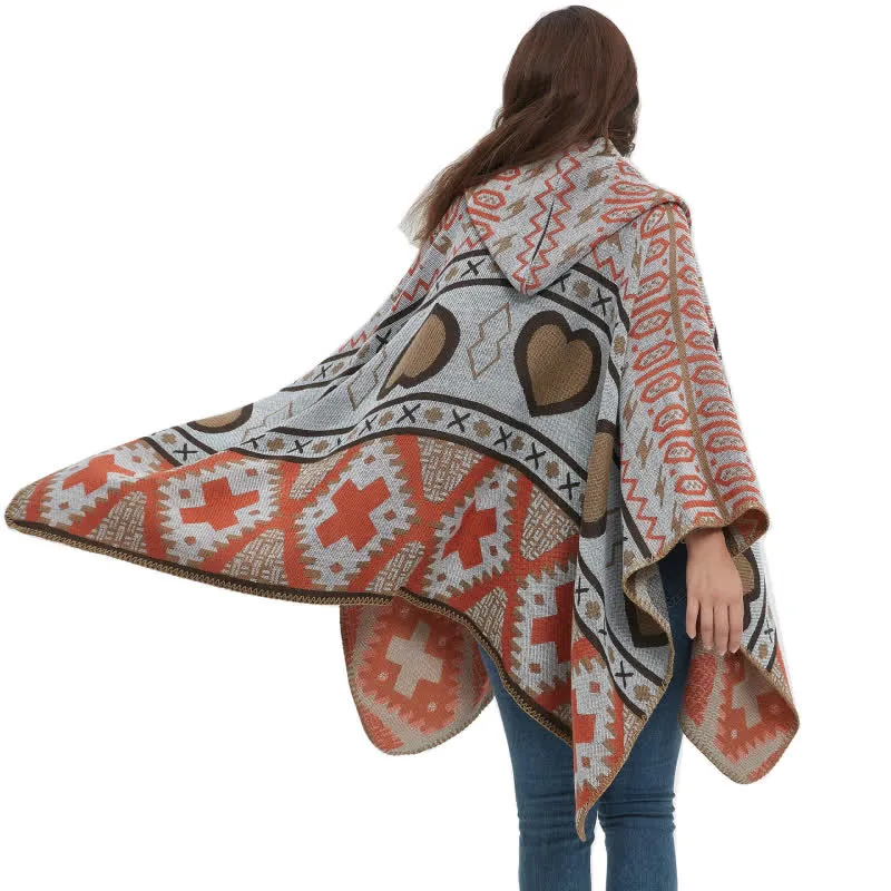 Olivenorma Boho Geometrischer Schal-Cardigan mit Kapuze