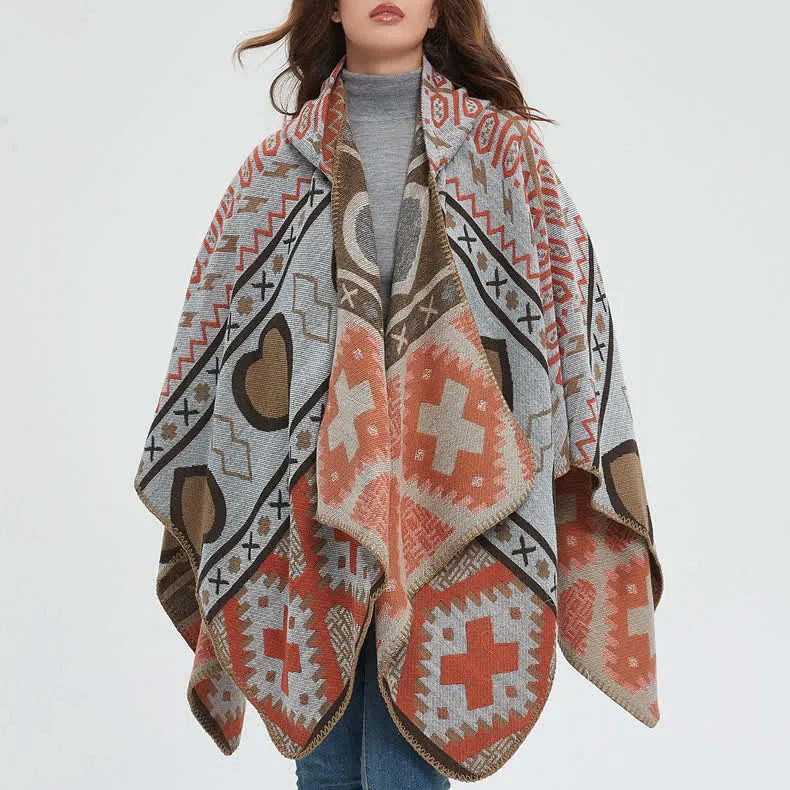 Olivenorma Boho Geometrischer Schal-Cardigan mit Kapuze