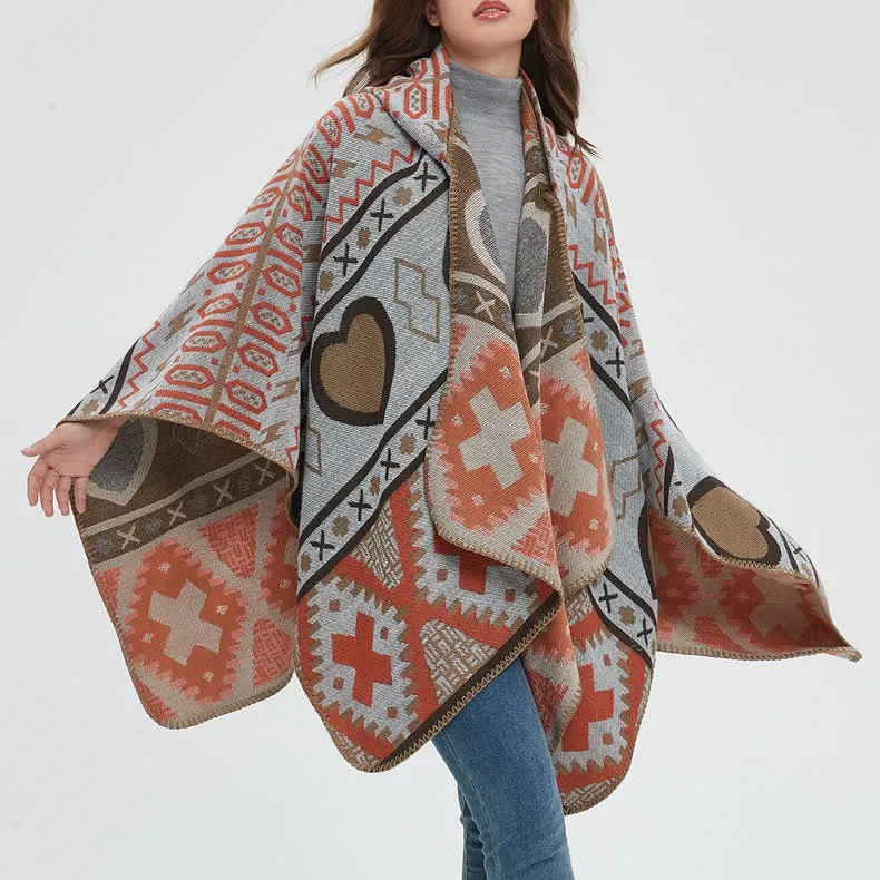 Olivenorma Boho Geometrischer Schal-Cardigan mit Kapuze