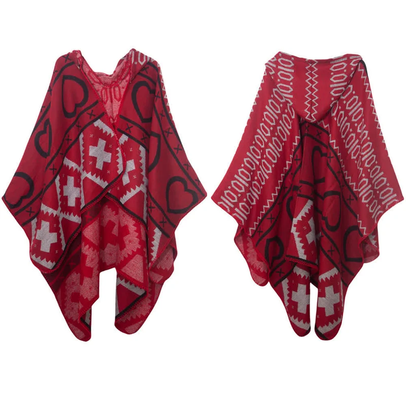 Olivenorma Boho Geometrischer Schal-Cardigan mit Kapuze
