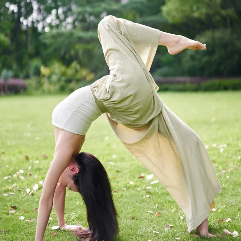 Olivenorma Tencel Baumwollleinen Lockere Yogahose mit weitem Bein