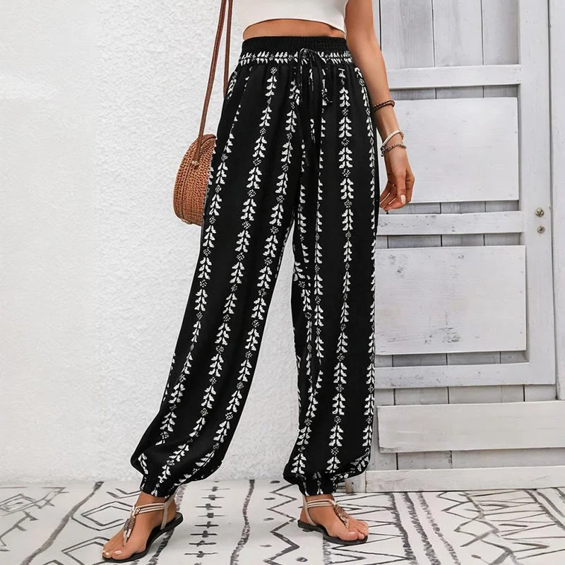 Olivenorma – Haremshose aus Polyester mit fließendem Print