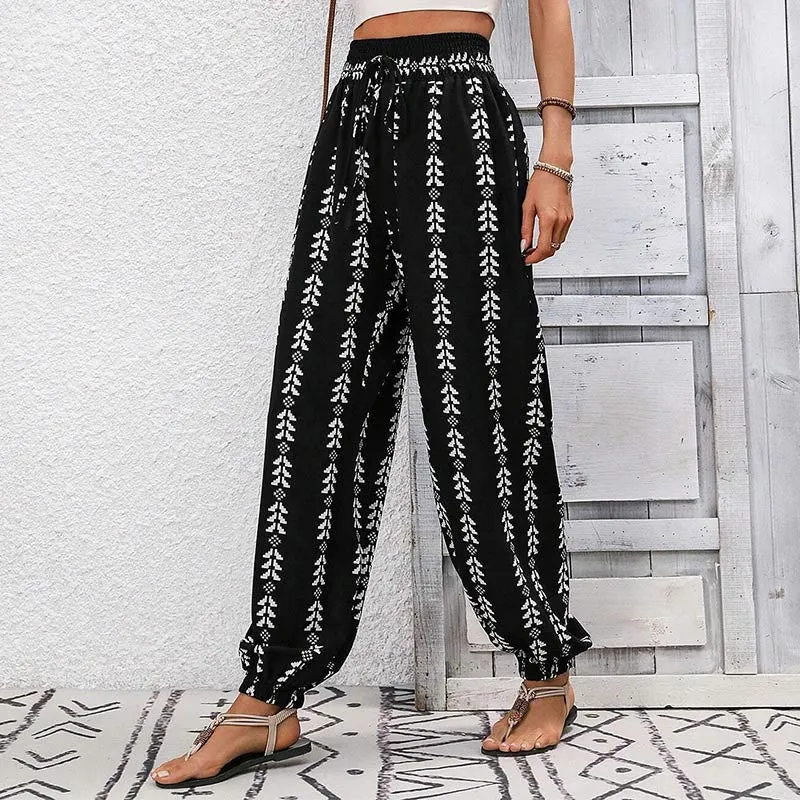 Olivenorma – Haremshose aus Polyester mit fließendem Print