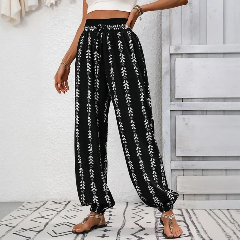 Olivenorma – Haremshose aus Polyester mit fließendem Print