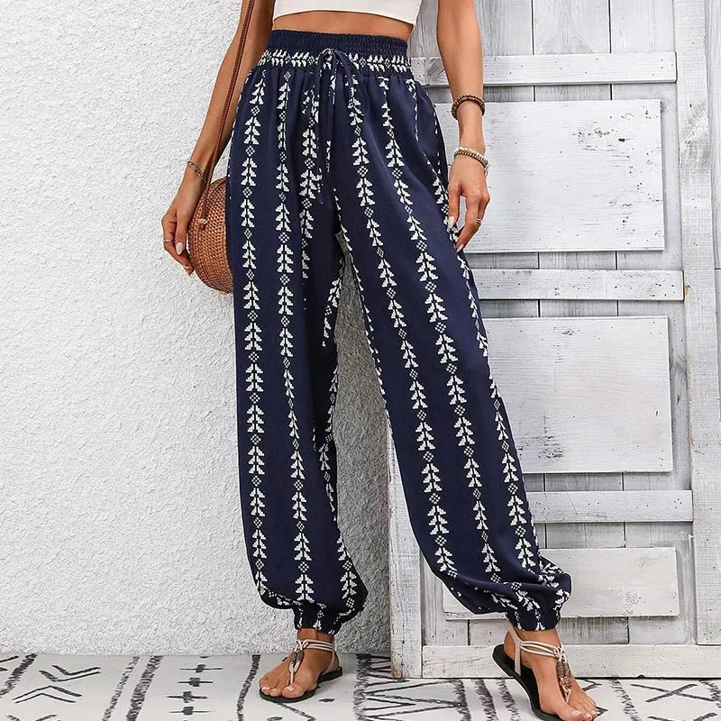 Olivenorma – Haremshose aus Polyester mit fließendem Print