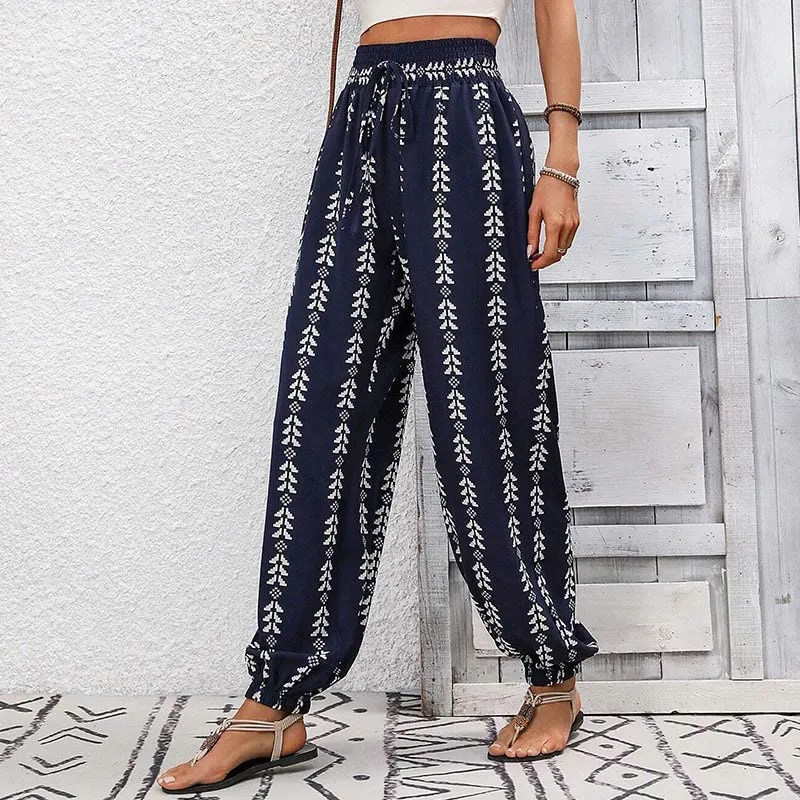 Olivenorma – Haremshose aus Polyester mit fließendem Print