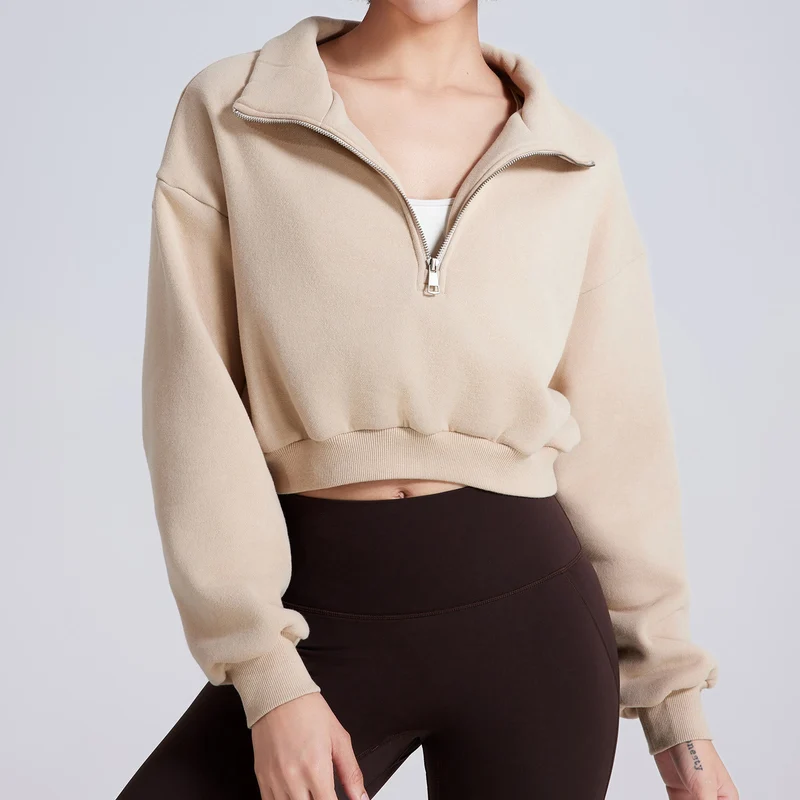 Olivenorma Yoga-Oberteile mit Hüftreißverschluss, übergroßes, kurzes Fleece-Pullover-Sweatshirt