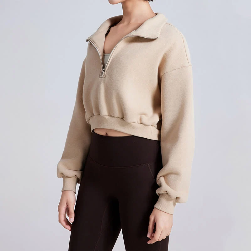 Olivenorma Yoga-Oberteile mit Hüftreißverschluss, übergroßes, kurzes Fleece-Pullover-Sweatshirt