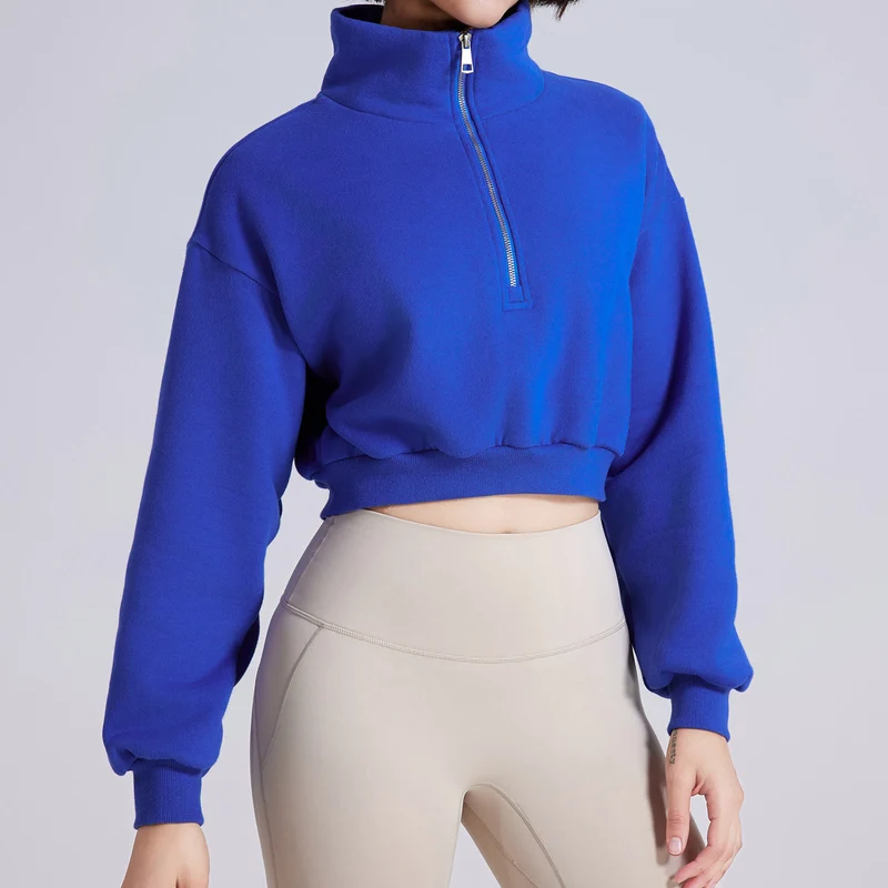 Olivenorma Yoga-Oberteile mit Hüftreißverschluss, übergroßes, kurzes Fleece-Pullover-Sweatshirt