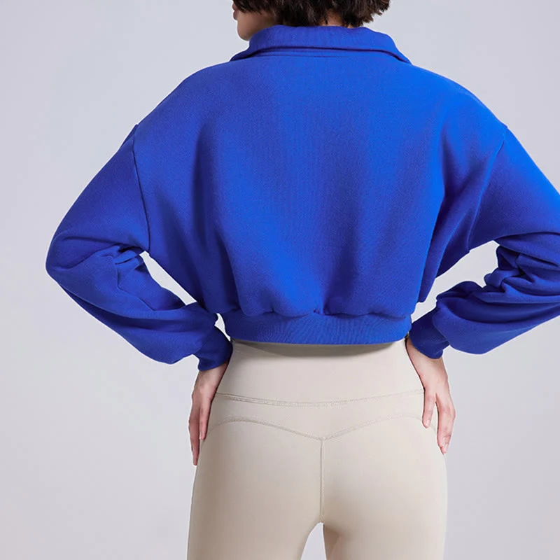 Olivenorma Yoga-Oberteile mit Hüftreißverschluss, übergroßes, kurzes Fleece-Pullover-Sweatshirt