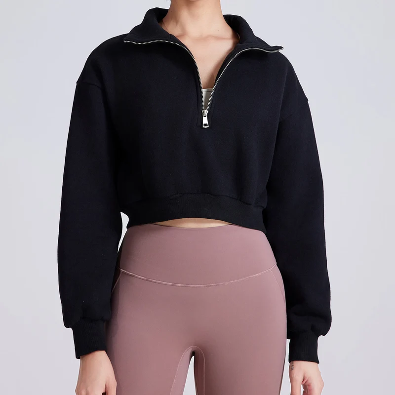 Olivenorma Yoga-Oberteile mit Hüftreißverschluss, übergroßes, kurzes Fleece-Pullover-Sweatshirt