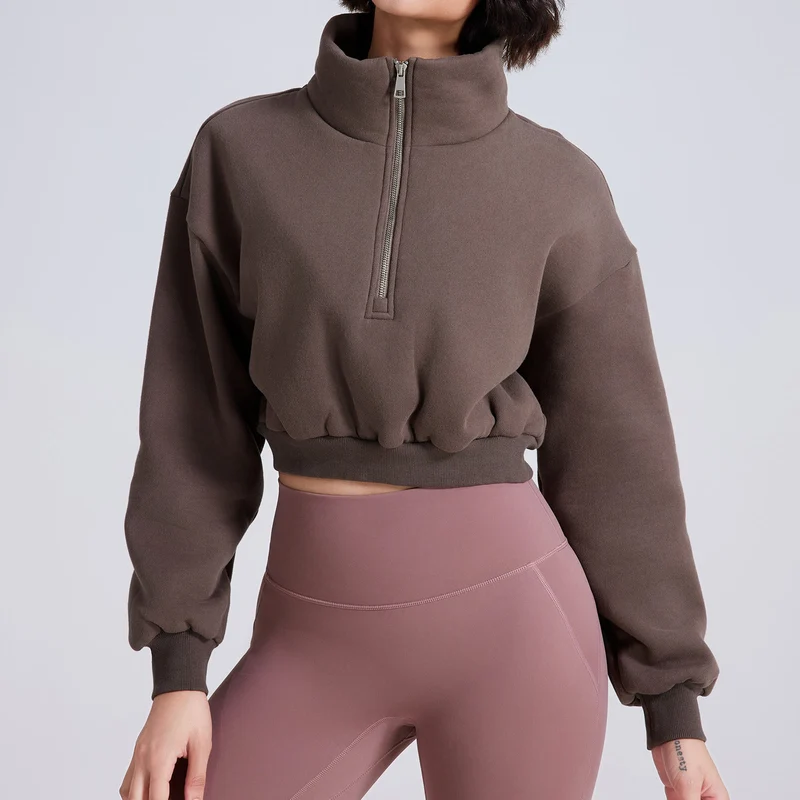 Olivenorma Yoga-Oberteile mit Hüftreißverschluss, übergroßes, kurzes Fleece-Pullover-Sweatshirt