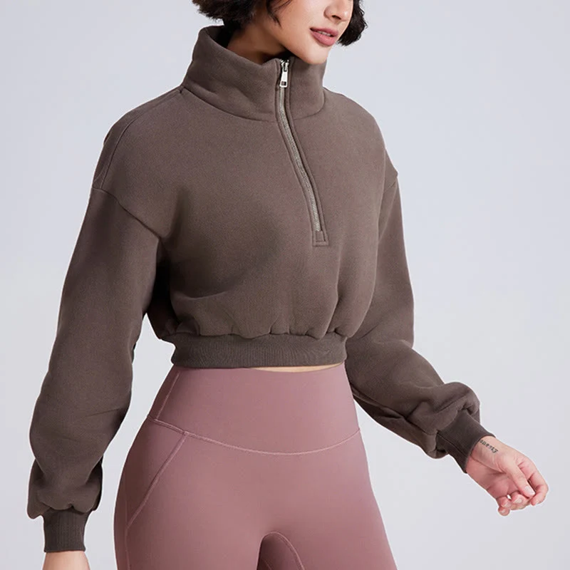 Olivenorma Yoga-Oberteile mit Hüftreißverschluss, übergroßes, kurzes Fleece-Pullover-Sweatshirt