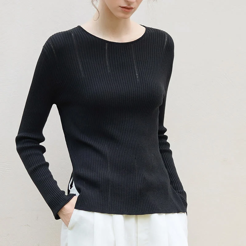 Olivenorma Langarm Blusen Shirt Rippstrick Schlitze Top Frauen Sweatshirt