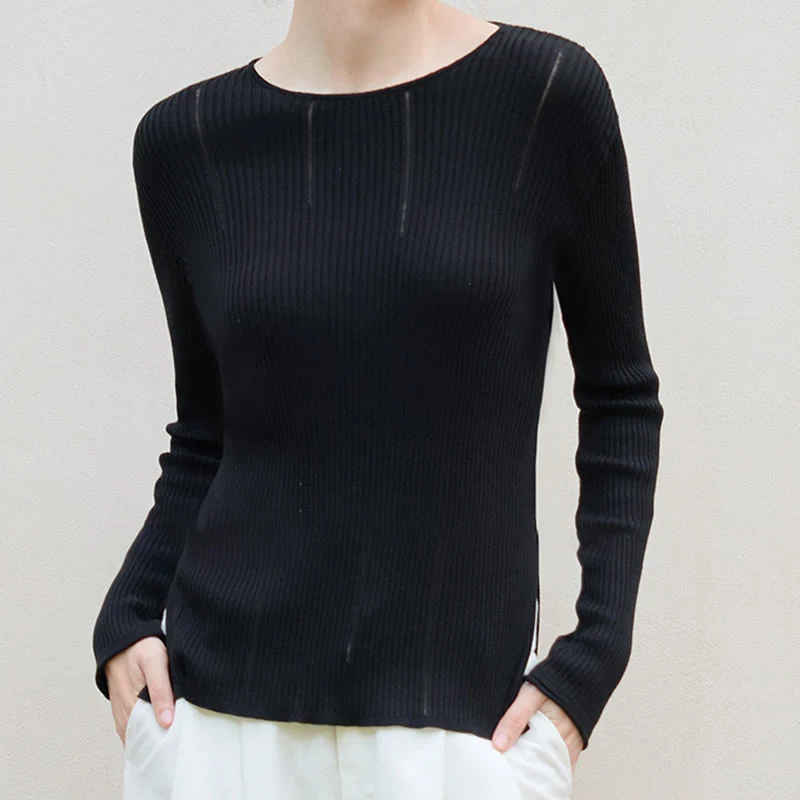 Olivenorma Langarm Blusen Shirt Rippstrick Schlitze Top Frauen Sweatshirt