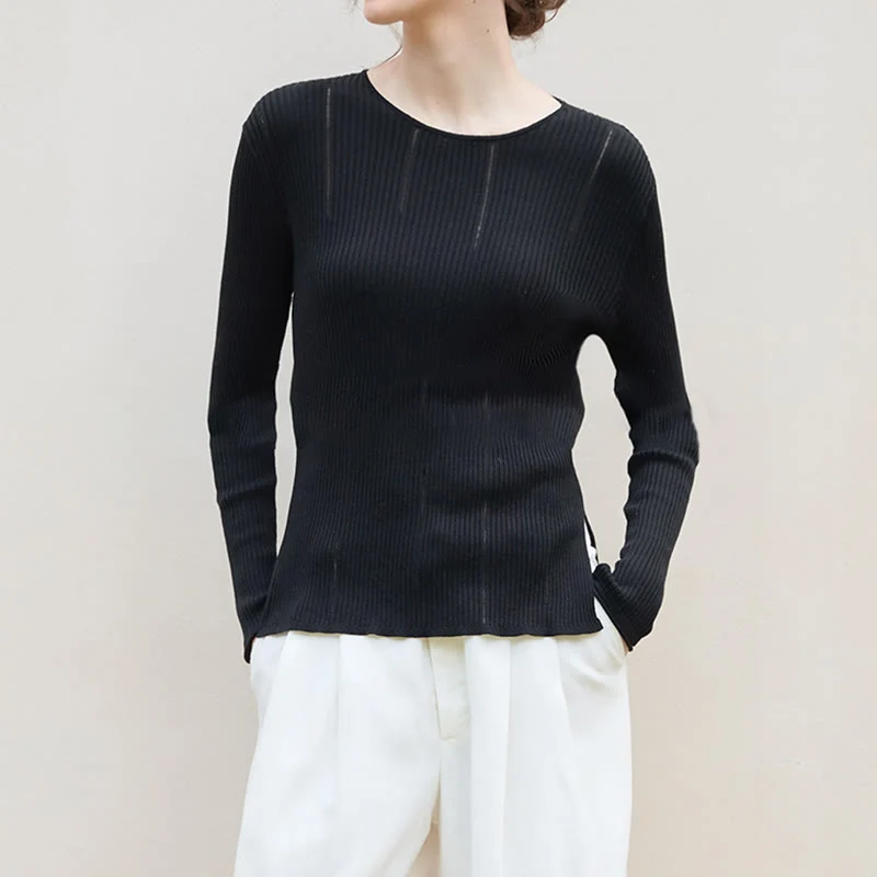Olivenorma Langarm Blusen Shirt Rippstrick Schlitze Top Frauen Sweatshirt