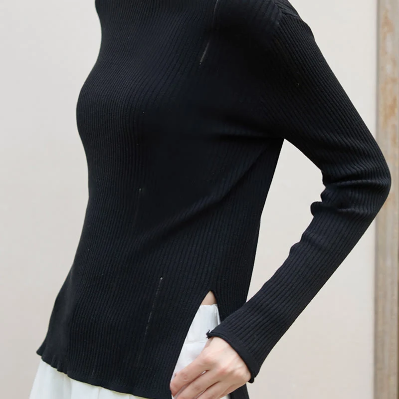 Olivenorma Langarm Blusen Shirt Rippstrick Schlitze Top Frauen Sweatshirt