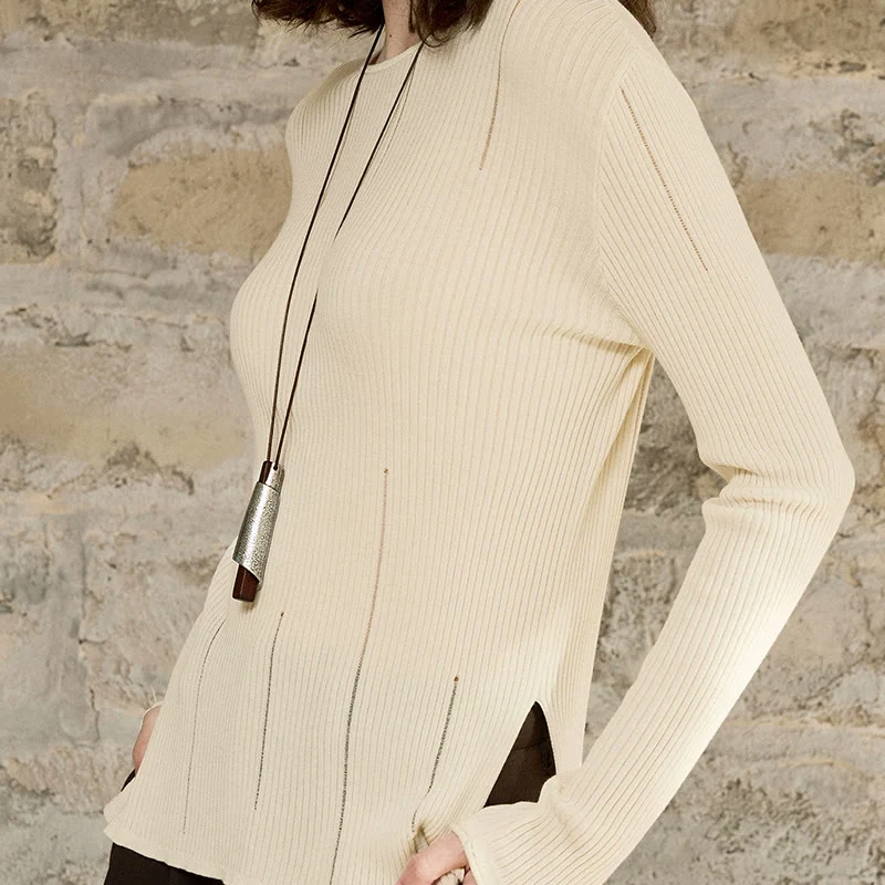 Olivenorma Langarm Blusen Shirt Rippstrick Schlitze Top Frauen Sweatshirt