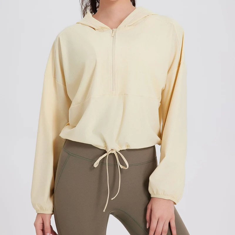 Olivenorma Damen Sonnenschutz-Kapuzenpullover mit Reißverschluss, sportlich, Yoga, Workout-Tops