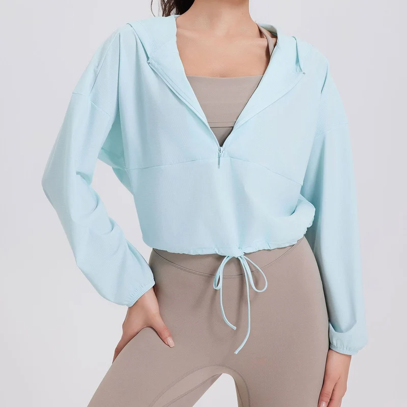 Olivenorma Damen Sonnenschutz-Kapuzenpullover mit Reißverschluss, sportlich, Yoga, Workout-Tops