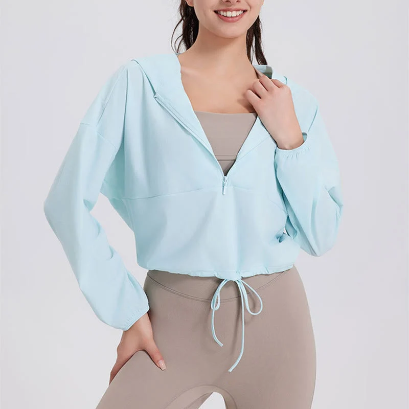 Olivenorma Damen Sonnenschutz-Kapuzenpullover mit Reißverschluss, sportlich, Yoga, Workout-Tops