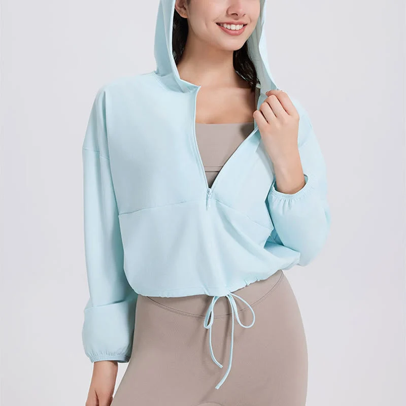Olivenorma Damen Sonnenschutz-Kapuzenpullover mit Reißverschluss, sportlich, Yoga, Workout-Tops