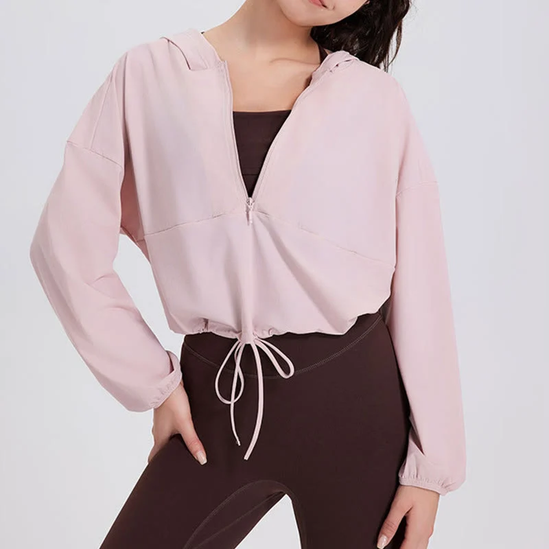 Olivenorma Damen Sonnenschutz-Kapuzenpullover mit Reißverschluss, sportlich, Yoga, Workout-Tops