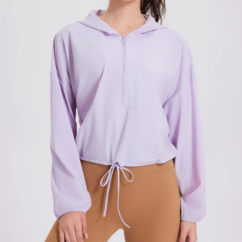 Olivenorma Damen Sonnenschutz-Kapuzenpullover mit Reißverschluss, sportlich, Yoga, Workout-Tops