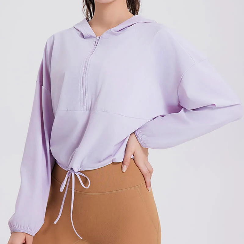 Olivenorma Damen Sonnenschutz-Kapuzenpullover mit Reißverschluss, sportlich, Yoga, Workout-Tops