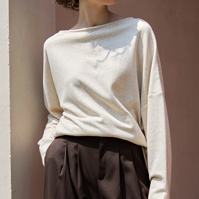 Olivenorma Designed Langarm Baumwoll-Leinen-Blusen Regular Fit Tops Sweatshirt