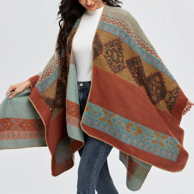 Olivenorma Boho Patchwork Schal-Cardigan mit offener Vorderseite