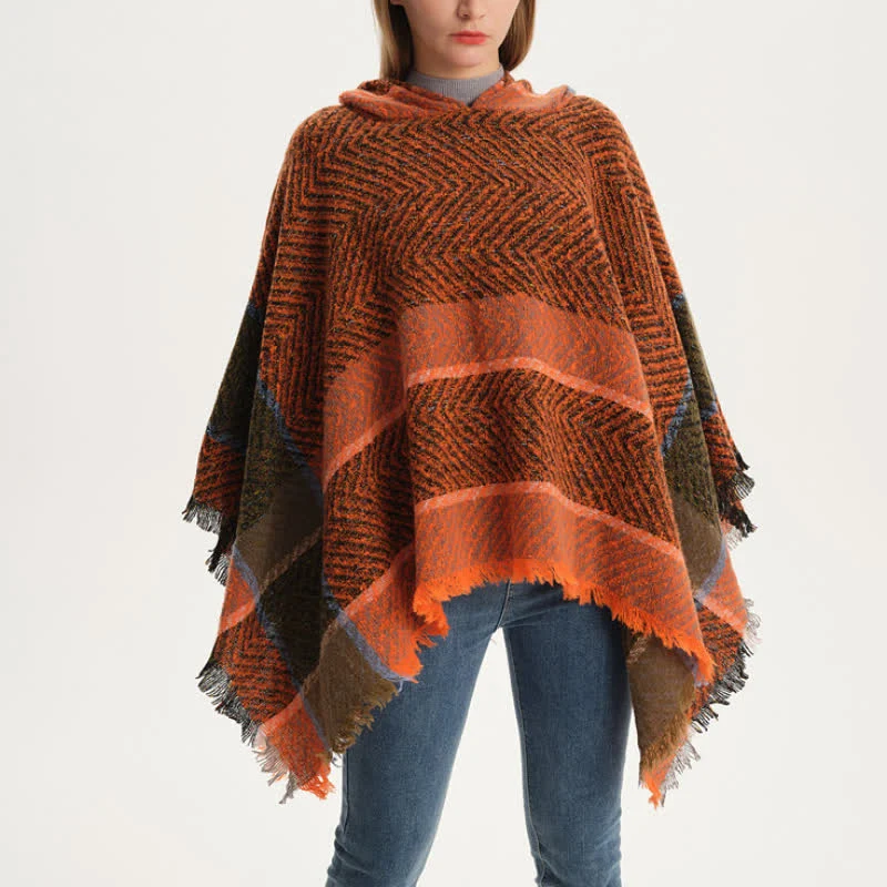 Olivenorma – Gemütlicher Pullover-Poncho-Schal mit Fischgrätenmuster
