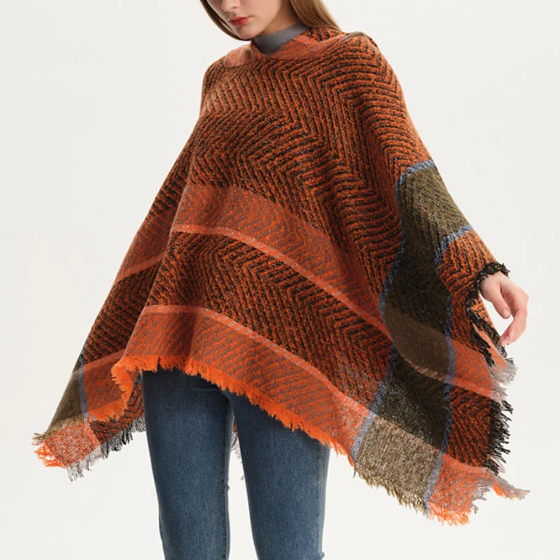 Olivenorma – Gemütlicher Pullover-Poncho-Schal mit Fischgrätenmuster