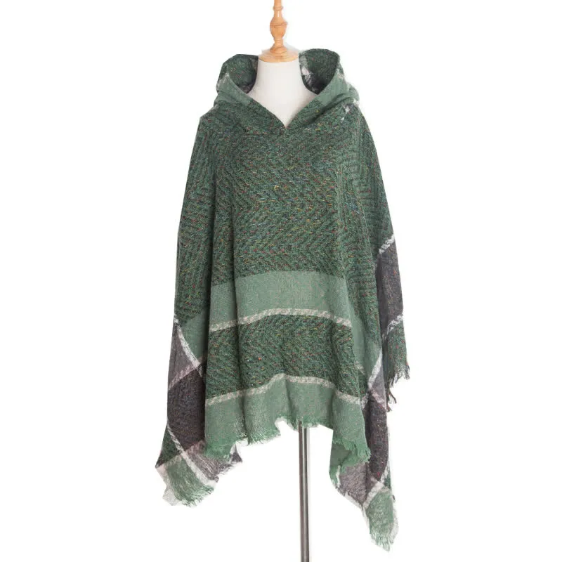 Olivenorma – Gemütlicher Pullover-Poncho-Schal mit Fischgrätenmuster