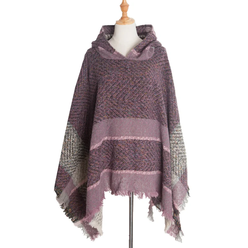Olivenorma – Gemütlicher Pullover-Poncho-Schal mit Fischgrätenmuster