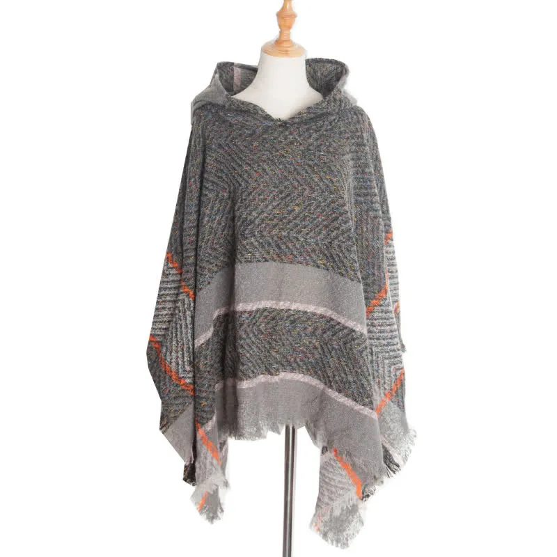 Olivenorma – Gemütlicher Pullover-Poncho-Schal mit Fischgrätenmuster