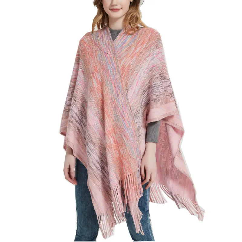 Olivenorma Poncho mit Rüschenbesatz, Quasten, Cardigan-Schal