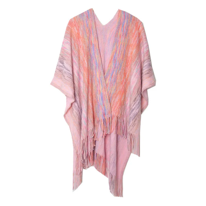 Olivenorma Poncho mit Rüschenbesatz, Quasten, Cardigan-Schal