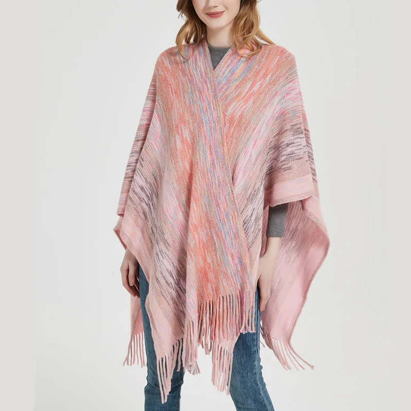 Olivenorma Poncho mit Rüschenbesatz, Quasten, Cardigan-Schal