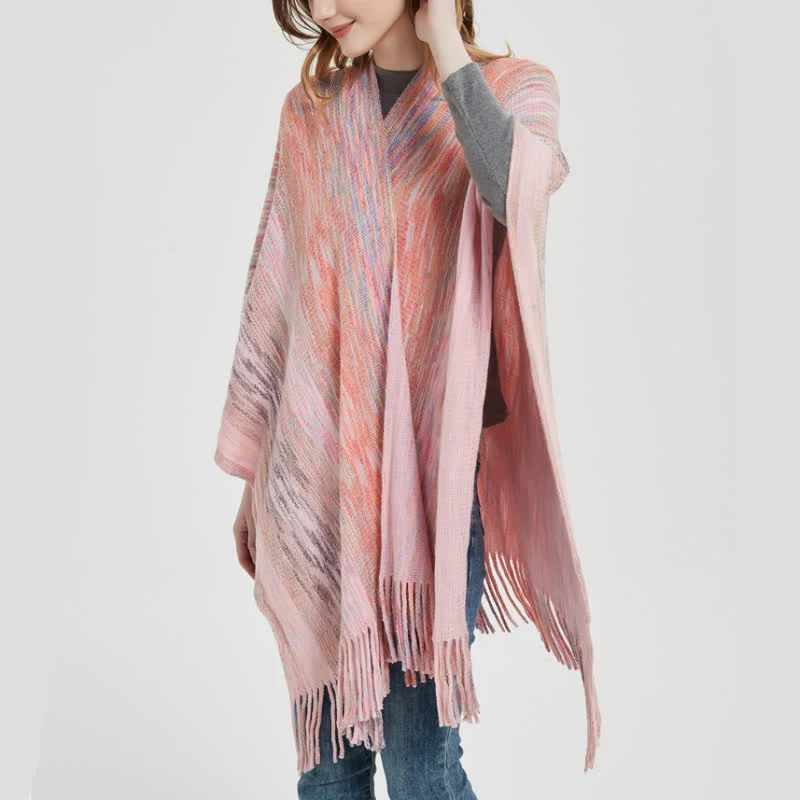 Olivenorma Poncho mit Rüschenbesatz, Quasten, Cardigan-Schal